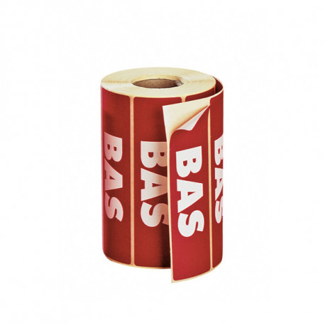 Rouleau d'étiquettes de signalisation adhésives fond rouge BAS 120mm x 50mm