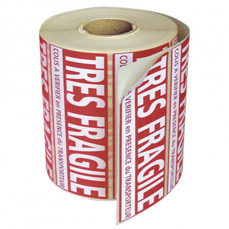 Rouleau d'étiquettes de signalisation adhésives fond rouge TRES FRAGILE 120mm x 50mm