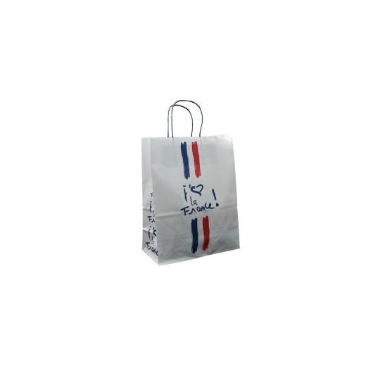 Sac kraft blanc j'aime la France poignées torsadées 23 x 12 x 30 cm